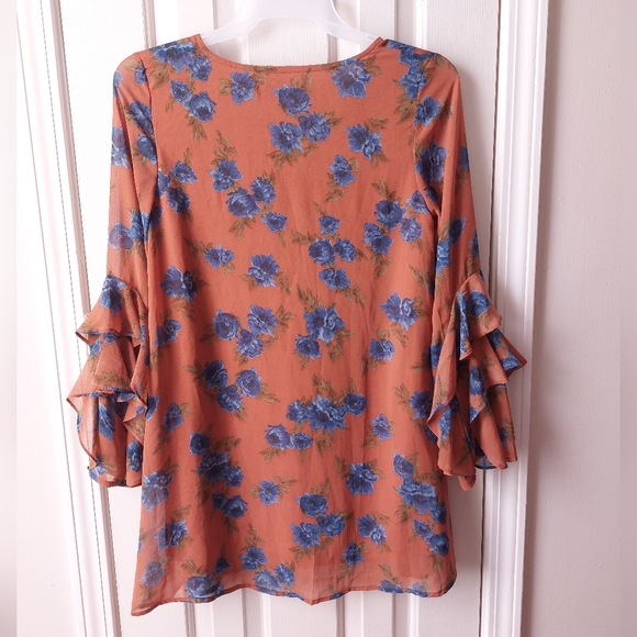 Altar'd State - Burnt Orange Rust & Blue Floral Mini Dress Ruffle Sleeves - Picture 2 of 7